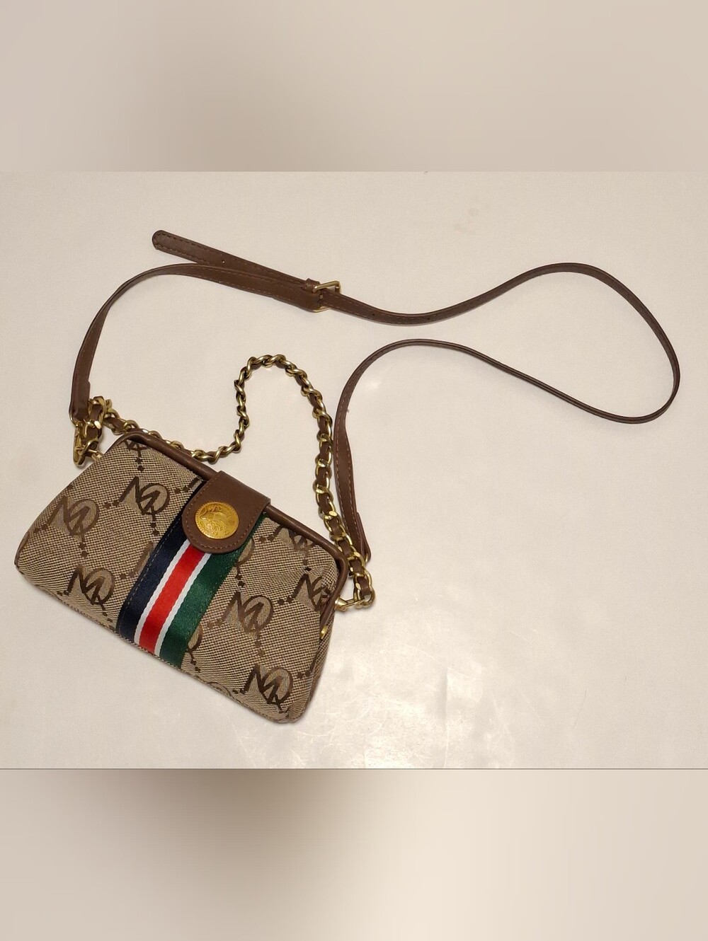 Stylish Small Square Monogram Crossbody with Tricolor Stripe